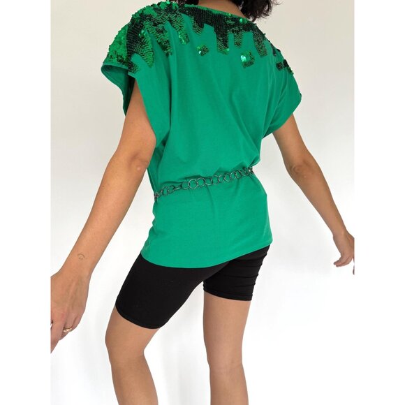 80s vintage green sequin embellished funky cotton short sleeved tee shirt large - Picture 4 of 10
